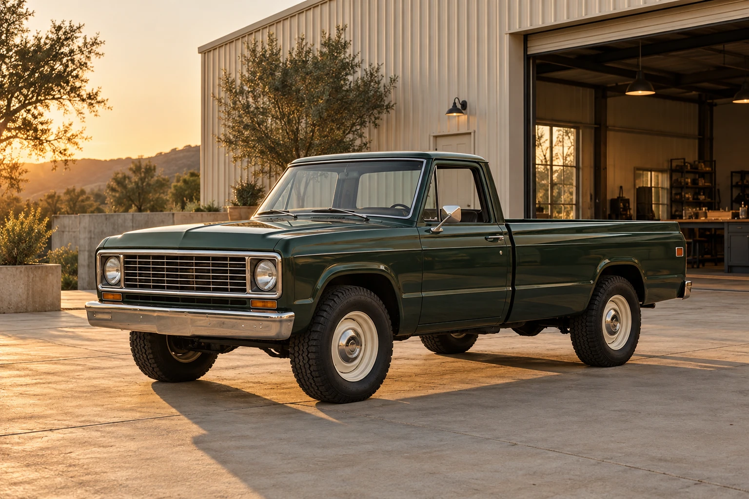 Forest green classic-inspired pickup outside a quiet workshop
