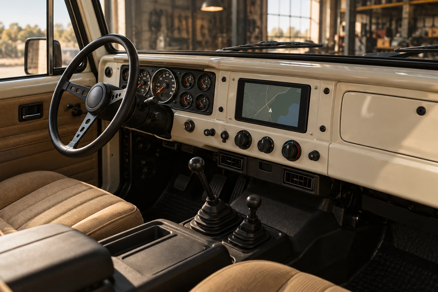 Cream dashboard with analog gauges and physical controls